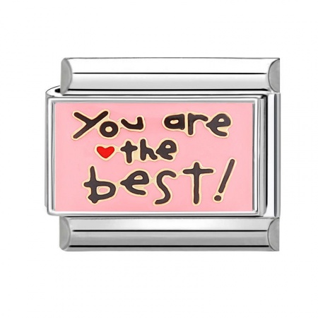 Picture of 1 Piece 304 Stainless Steel Italian Charm Links For DIY Bracelet Jewelry Making Silver Tone Pink Rectangle Message " You Are The Best " 10mm x 9mm