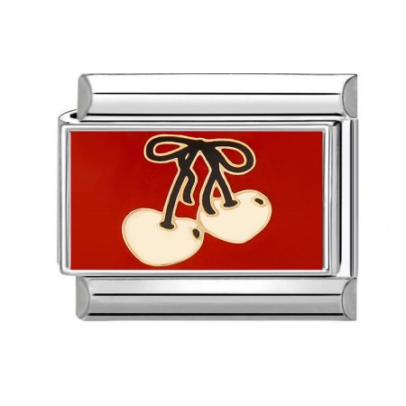 Picture of 1 Piece 304 Stainless Steel Italian Charm Links For DIY Bracelet Jewelry Making Silver Tone Red Rectangle Cherry Fruit 10mm x 9mm