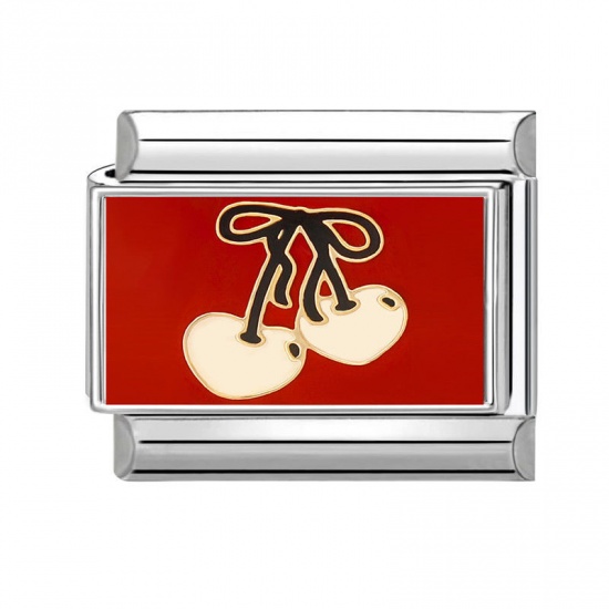 Picture of 1 Piece 304 Stainless Steel Italian Charm Links For DIY Bracelet Jewelry Making Silver Tone Red Rectangle Cherry Fruit 10mm x 9mm