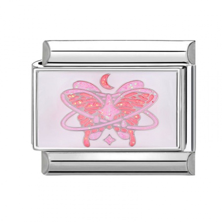 Picture of 1 Piece 304 Stainless Steel Italian Charm Links For DIY Bracelet Jewelry Making Silver Tone Pink Rectangle Butterfly 10mm x 9mm