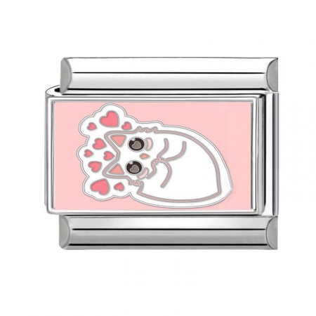 Picture of 1 Piece 304 Stainless Steel Italian Charm Links For DIY Bracelet Jewelry Making Silver Tone Pink Rectangle Cat 10mm x 9mm