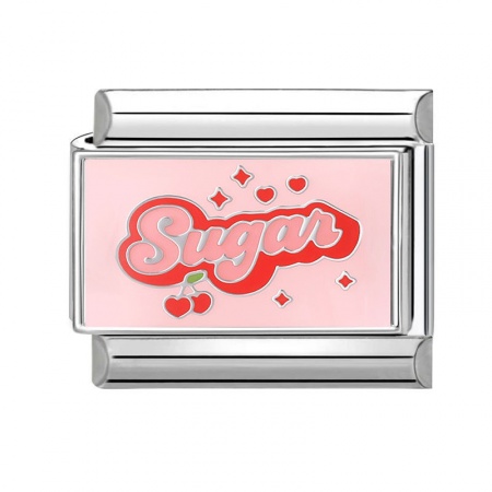 Picture of 1 Piece 304 Stainless Steel Italian Charm Links For DIY Bracelet Jewelry Making Silver Tone Pink Rectangle Message " SUGAR " 10mm x 9mm