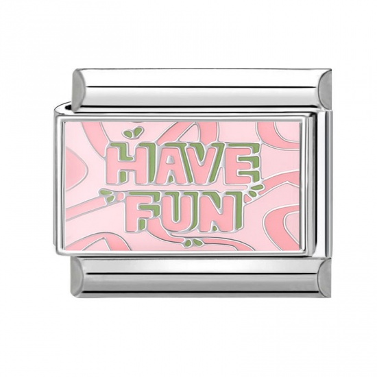 Изображение 1 Piece 304 Stainless Steel Italian Charm Links For DIY Bracelet Jewelry Making Silver Tone Pink Rectangle Message " Have Fun " 10mm x 9mm