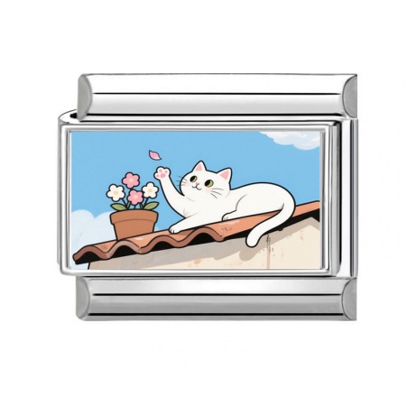 Picture of 1 Piece 304 Stainless Steel Italian Charm Links For DIY Bracelet Jewelry Making Silver Tone Multicolor Rectangle Cat 10mm x 9mm
