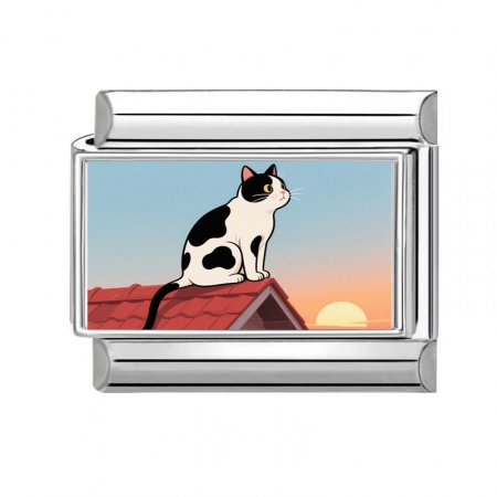 Picture of 1 Piece 304 Stainless Steel Italian Charm Links For DIY Bracelet Jewelry Making Silver Tone Multicolor Rectangle Cat 10mm x 9mm