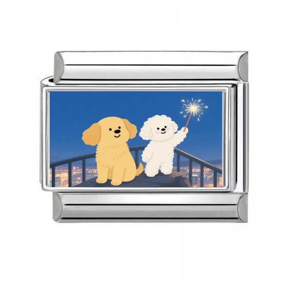 Изображение 1 Piece 304 Stainless Steel Italian Charm Links For DIY Bracelet Jewelry Making Silver Tone Multicolor Rectangle Dog 10mm x 9mm