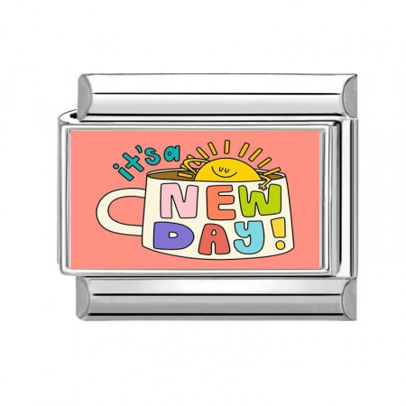 Picture of 1 Piece 304 Stainless Steel Italian Charm Links For DIY Bracelet Jewelry Making Silver Tone Multicolor Rectangle Message " New Day " 10mm x 9mm