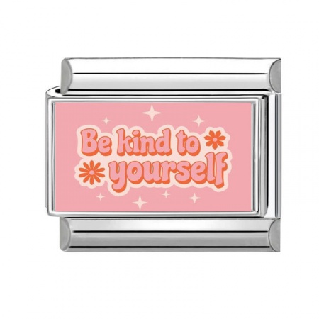 Picture of 1 Piece 304 Stainless Steel Italian Charm Links For DIY Bracelet Jewelry Making Silver Tone Pink Rectangle Message " Be Kind To Yourself " 10mm x 9mm