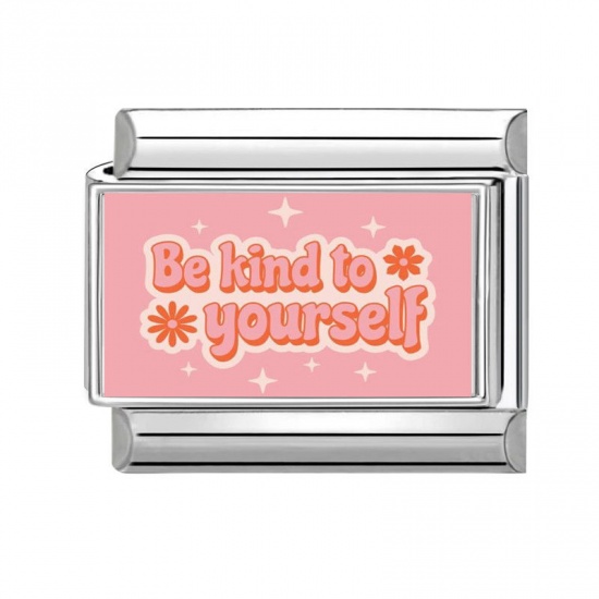 Изображение 1 Piece 304 Stainless Steel Italian Charm Links For DIY Bracelet Jewelry Making Silver Tone Pink Rectangle Message " Be Kind To Yourself " 10mm x 9mm