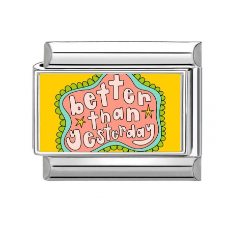 Picture of 1 Piece 304 Stainless Steel Italian Charm Links For DIY Bracelet Jewelry Making Silver Tone Rectangle Message " Better Than Yesterday " 10mm x 9mm
