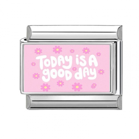 Picture of 1 Piece 304 Stainless Steel Italian Charm Links For DIY Bracelet Jewelry Making Silver Tone Pink Rectangle Message " today is a good day " 10mm x 9mm