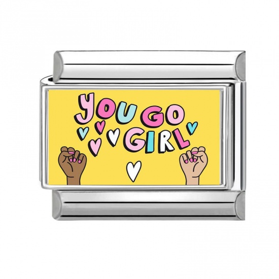 1 Piece 304 Stainless Steel Italian Charm Links For DIY Bracelet Jewelry Making Silver Tone Rectangle Message " You Go Girl " 10mm x 9mm の画像