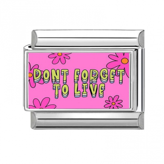 1 Piece 304 Stainless Steel Italian Charm Links For DIY Bracelet Jewelry Making Silver Tone Rectangle Message " Don't Forget To Live " 10mm x 9mm の画像