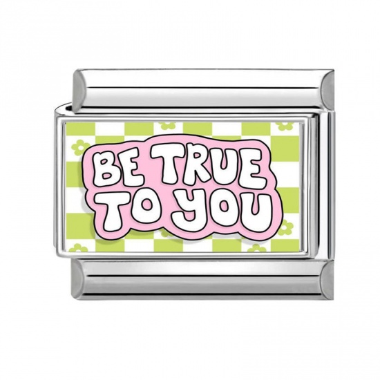 1 Piece 304 Stainless Steel Italian Charm Links For DIY Bracelet Jewelry Making Silver Tone Rectangle Message " Be Ture To You " 10mm x 9mm の画像