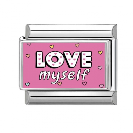 Picture of 1 Piece 304 Stainless Steel Italian Charm Links For DIY Bracelet Jewelry Making Silver Tone Rectangle Message " Love Myself " 10mm x 9mm