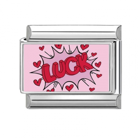 Picture of 1 Piece 304 Stainless Steel Italian Charm Links For DIY Bracelet Jewelry Making Silver Tone Rectangle Message " LUCK " 10mm x 9mm