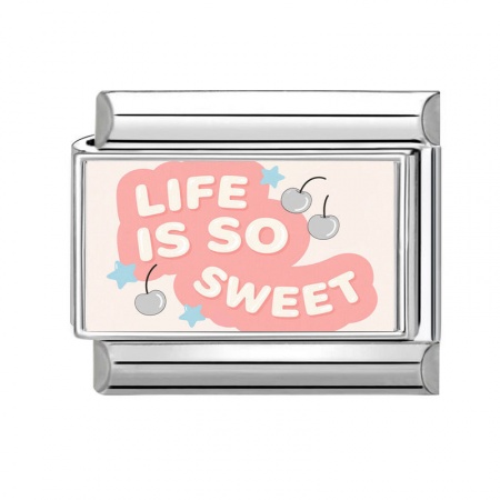 Picture of 1 Piece 304 Stainless Steel Italian Charm Links For DIY Bracelet Jewelry Making Silver Tone Rectangle Message " Life Is So Sweet " 10mm x 9mm