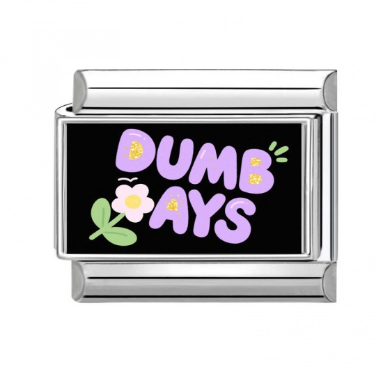 1 Piece 304 Stainless Steel Italian Charm Links For DIY Bracelet Jewelry Making Silver Tone Rectangle Message " Dumb Days " 10mm x 9mm の画像
