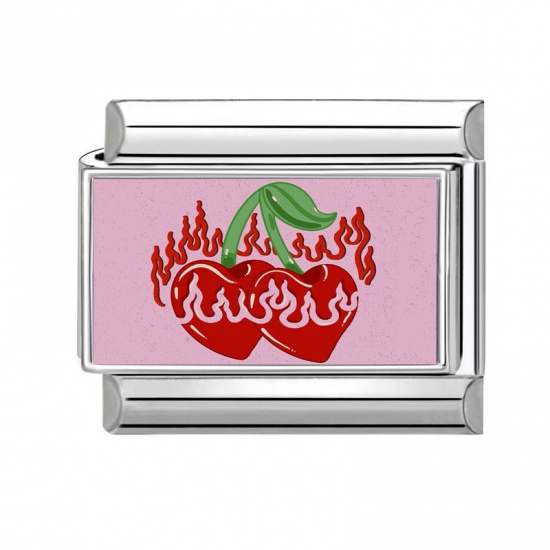 1 Piece 304 Stainless Steel Italian Charm Links For DIY Bracelet Jewelry Making Silver Tone Red Rectangle Cherry Fruit 10mm x 9mm の画像