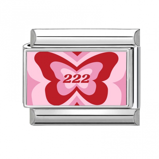 1 Piece 304 Stainless Steel Italian Charm Links For DIY Bracelet Jewelry Making Silver Tone Red Rectangle Butterfly 10mm x 9mm の画像