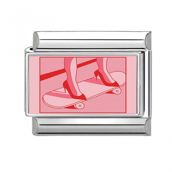 1 Piece 304 Stainless Steel Italian Charm Links For DIY Bracelet Jewelry Making Silver Tone Red Rectangle High-Heeled Shoes 10mm x 9mm の画像