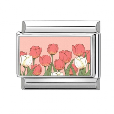 Picture of 1 Piece 304 Stainless Steel Italian Charm Links For DIY Bracelet Jewelry Making Silver Tone Multicolor Rectangle Tulip Flower 10mm x 9mm