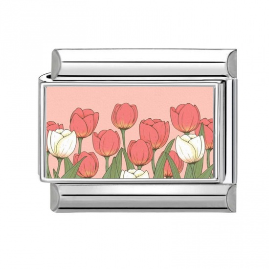 1 Piece 304 Stainless Steel Italian Charm Links For DIY Bracelet Jewelry Making Silver Tone Multicolor Rectangle Tulip Flower 10mm x 9mm の画像