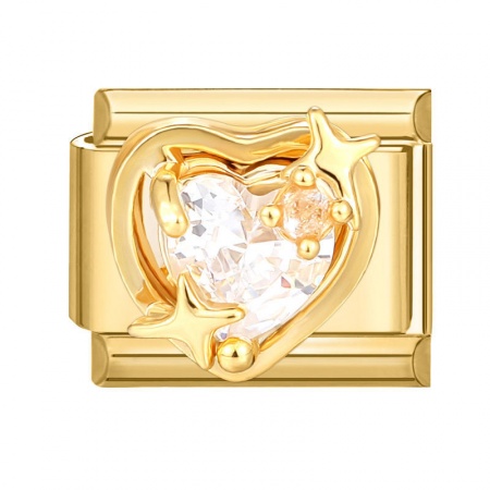 Picture of 1 Piece 304 Stainless Steel Valentine's Day Italian Charm Links For DIY Modular Bracelet Watch Jewelry Making Wholesale Gold Plated Rectangle Heart Clear Rhinestone 10mm x 9mm
