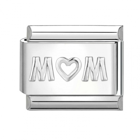 Picture of 1 Piece 304 Stainless Steel Italian Charm Links For DIY Bracelet Jewelry Making Silver Tone Rectangle Message " MUM " 10mm x 9mm