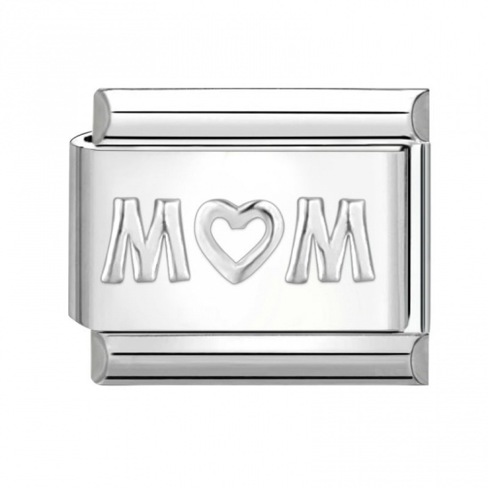 Picture of 1 Piece 304 Stainless Steel Italian Charm Links For DIY Bracelet Jewelry Making Silver Tone Rectangle Message " MUM " 10mm x 9mm