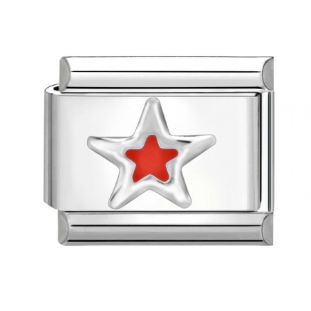 Picture of 1 Piece 304 Stainless Steel Italian Charm Links For DIY Bracelet Jewelry Making Silver Tone Red Rectangle Pentagram Star 10mm x 9mm