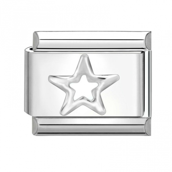 Picture of 1 Piece 304 Stainless Steel Italian Charm Links For DIY Bracelet Jewelry Making Silver Tone White Rectangle Pentagram Star 10mm x 9mm