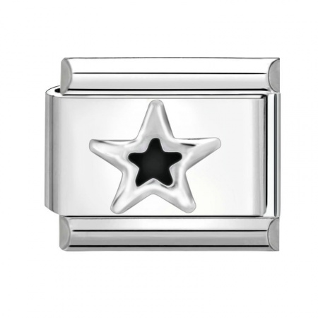 Picture of 1 Piece 304 Stainless Steel Italian Charm Links For DIY Bracelet Jewelry Making Silver Tone Black Rectangle Pentagram Star 10mm x 9mm