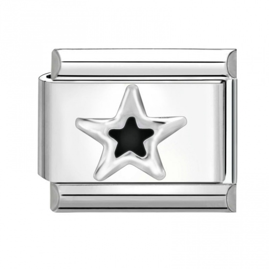 Picture of 1 Piece 304 Stainless Steel Italian Charm Links For DIY Bracelet Jewelry Making Silver Tone Black Rectangle Pentagram Star 10mm x 9mm