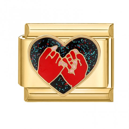 Picture of 1 Piece 304 Stainless Steel Valentine's Day Italian Charm Links For DIY Bracelet Jewelry Making Gold Plated Multicolor Rectangle Heart 10mm x 9mm