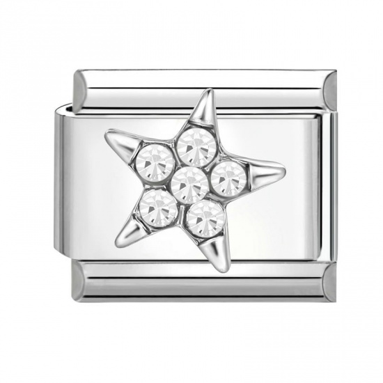 Picture of 1 Piece 304 Stainless Steel Italian Charm Links For DIY Bracelet Jewelry Making Silver Tone Rectangle Pentagram Star Clear Rhinestone 10mm x 9mm