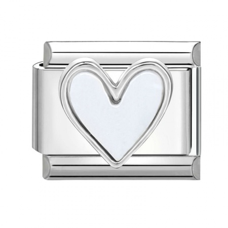 Picture of 1 Piece 304 Stainless Steel Valentine's Day Italian Charm Links For DIY Modular Bracelet Watch Jewelry Making Wholesale Silver Tone White Rectangle Heart 10mm x 9mm