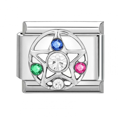 Picture of 1 Piece 304 Stainless Steel Italian Charm Links For DIY Modular Bracelet Watch Jewelry Making Wholesale Silver Tone Rectangle Pentagram Star Multicolor Rhinestone 10mm x 9mm