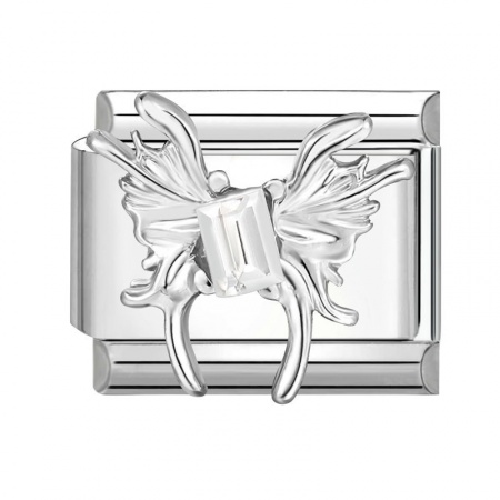 Picture of 1 Piece 304 Stainless Steel Italian Charm Links For DIY Modular Bracelet Watch Jewelry Making Wholesale Silver Tone Rectangle Butterfly 10mm x 9mm