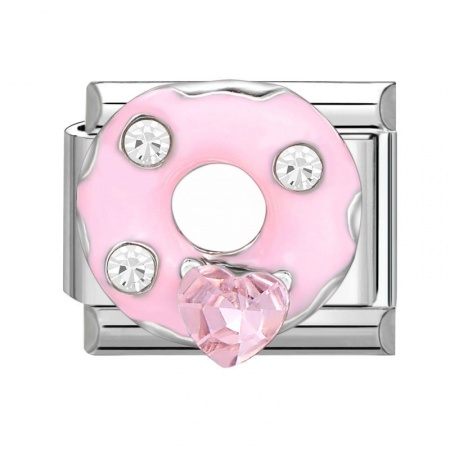 Picture of 1 Piece 304 Stainless Steel Italian Charm Links For DIY Modular Bracelet Watch Jewelry Making Wholesale Silver Tone Pink Rectangle Donut Clear Rhinestone 10mm x 9mm