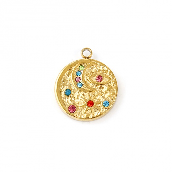 Immagine di 2 Pz Placcatura Sottovuoto PVD Ecologica Impermeabile Anti-Ossidante Ipoallergenico 304 Acciaio Inossidabile Galassia Ciondoli 18K Vero Oro Placcato Tondo Disco Luna Multicolore Strass 19mm x 16mm