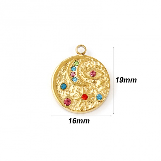 Immagine di 2 Pz Placcatura Sottovuoto PVD Ecologica Impermeabile Anti-Ossidante Ipoallergenico 304 Acciaio Inossidabile Galassia Ciondoli 18K Vero Oro Placcato Tondo Disco Luna Multicolore Strass 19mm x 16mm