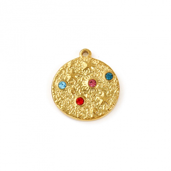 Immagine di 2 Pz Placcatura Sottovuoto PVD Ecologica Impermeabile Anti-Ossidante Ipoallergenico 304 Acciaio Inossidabile Galassia Ciondoli 18K Vero Oro Placcato Tondo Disco Stella Multicolore Strass 20mm x 18mm