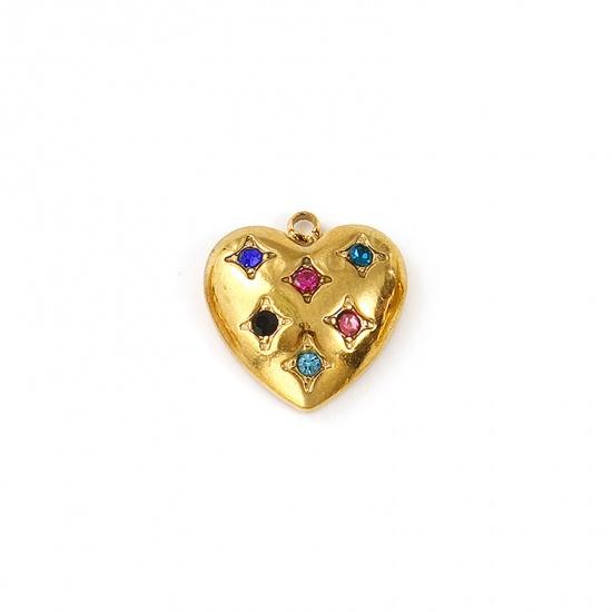 Immagine di 2 Pz Placcatura Sottovuoto PVD Ecologica Impermeabile Anti-Ossidante Ipoallergenico 304 Acciaio Inossidabile Galassia Ciondoli 18K Vero Oro Placcato Cuore Stella Multicolore Strass 15.5mm x 15mm