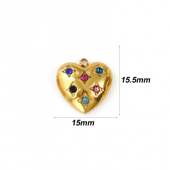Immagine di 2 Pz Placcatura Sottovuoto PVD Ecologica Impermeabile Anti-Ossidante Ipoallergenico 304 Acciaio Inossidabile Galassia Ciondoli 18K Vero Oro Placcato Cuore Stella Multicolore Strass 15.5mm x 15mm