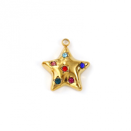 Immagine di 2 Pz Placcatura Sottovuoto PVD Ecologica Impermeabile Anti-Ossidante Ipoallergenico 304 Acciaio Inossidabile Galassia Ciondoli 18K Vero Oro Placcato Stella a Cinque Punte Multicolore Strass 19mm x 17mm