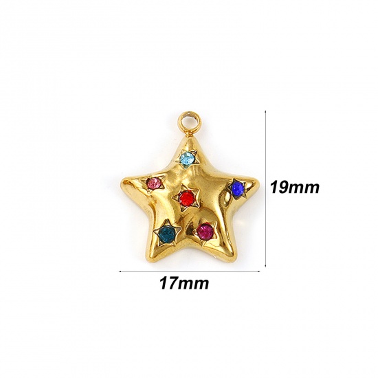 Immagine di 2 Pz Placcatura Sottovuoto PVD Ecologica Impermeabile Anti-Ossidante Ipoallergenico 304 Acciaio Inossidabile Galassia Ciondoli 18K Vero Oro Placcato Stella a Cinque Punte Multicolore Strass 19mm x 17mm