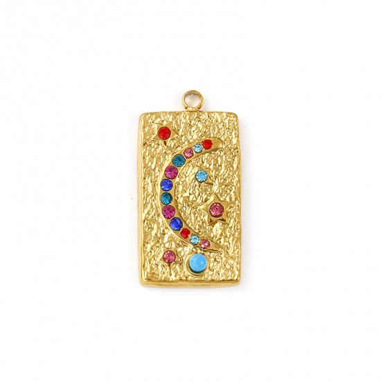 Immagine di 2 Pz Placcatura Sottovuoto PVD Ecologica Impermeabile Anti-Ossidante Ipoallergenico 304 Acciaio Inossidabile Galassia Ciondoli 18K Vero Oro Placcato Rettangolo Luna Multicolore Strass 27mm x 14mm