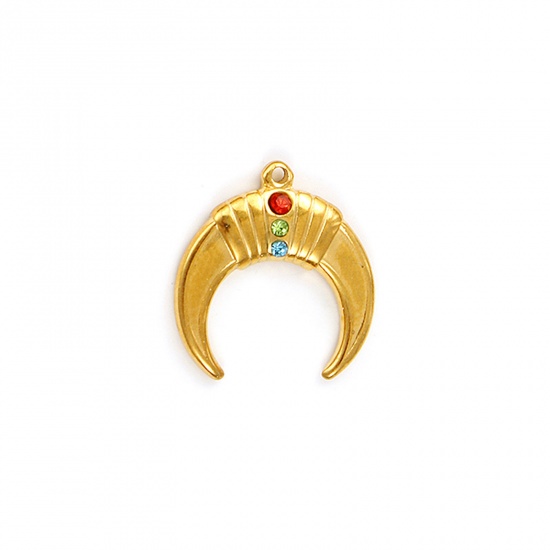 Immagine di 2 Pz Placcatura Sottovuoto PVD Ecologica Impermeabile Anti-Ossidante Ipoallergenico 304 Acciaio Inossidabile Galassia Ciondoli 18K Vero Oro Placcato Luna Nuova Multicolore Strass 16mm x 15mm