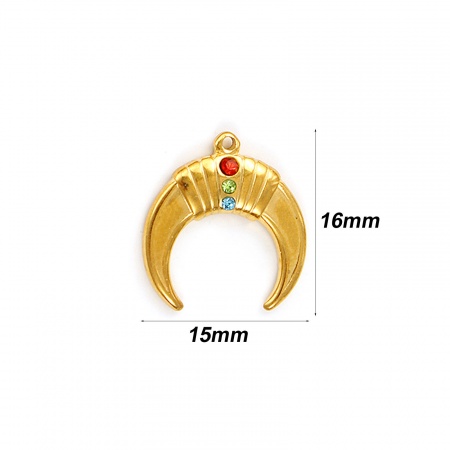Imagen de 2 Unidades Recubrimiento al Vacío PVD Ecológico Impermeable Antioxidante Hipoalergénico 304 Acero Inoxidable Galaxia Colgantes 18K Oro Real Chapado Luna Creciente Multicolor Rhinestone 16mm x 15mm